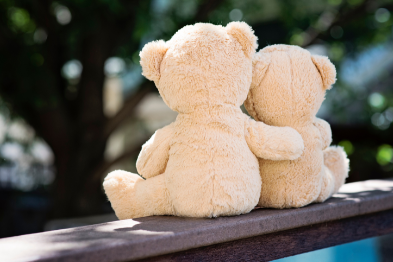 zwei Kuscheltier-Bärchen, der Größere legt seinen Arm um den Kleineren